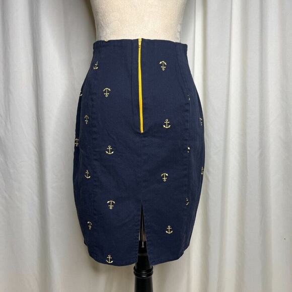 Embroidered Anchor Skirt Mid Length Pencil Nautical Navy Gold Women's Homemade - Picture 3 of 7